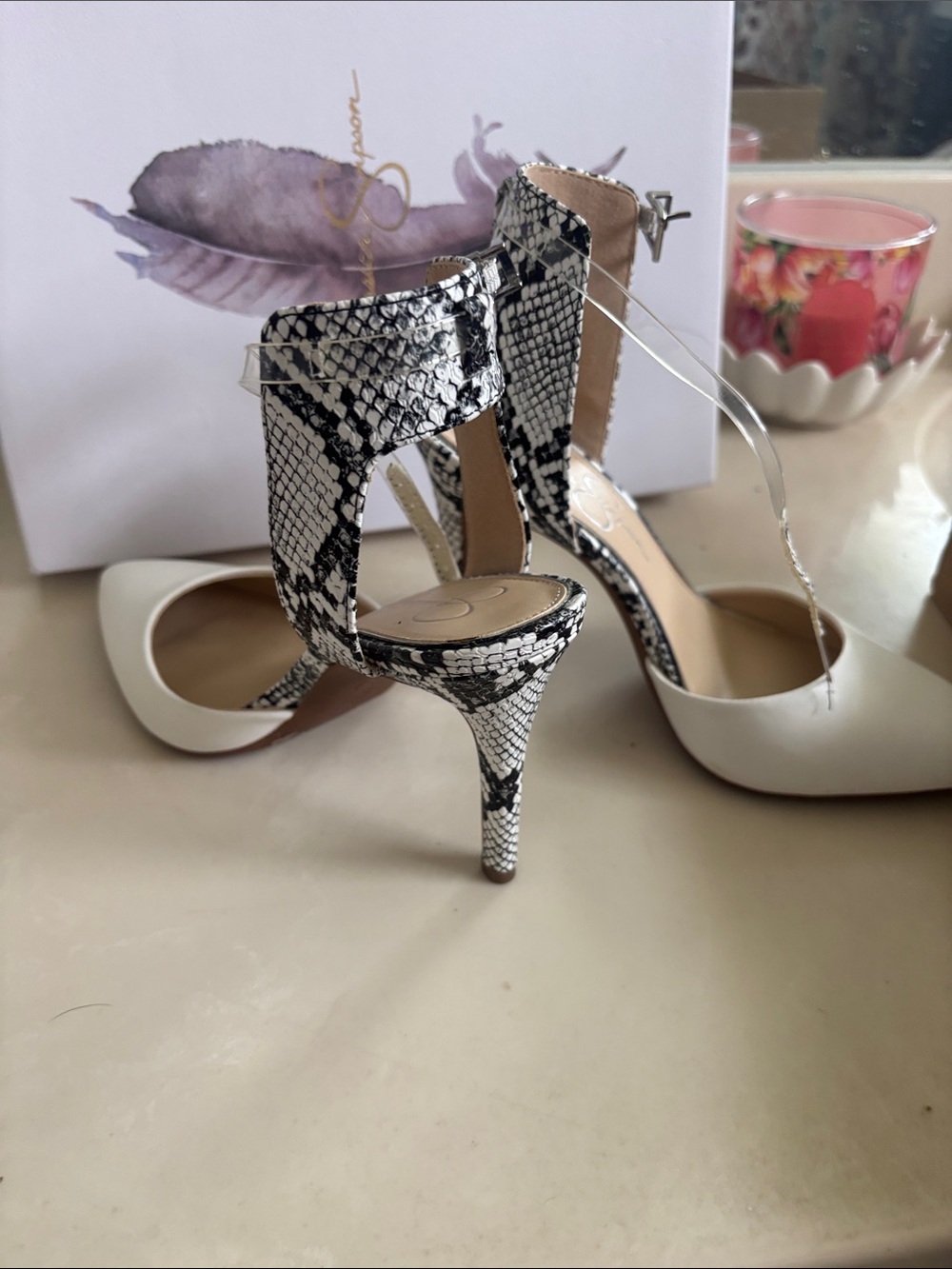 Jessica Simpson White Pumps with Black-and-White Snake-Print Ankle Straps
